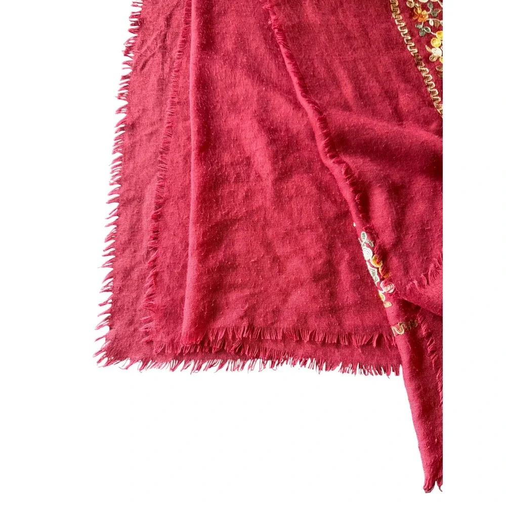 Unbranded Scarf Berry Red Floral Embroidered Eyelash Fringe Bohemian Wrap Shawl